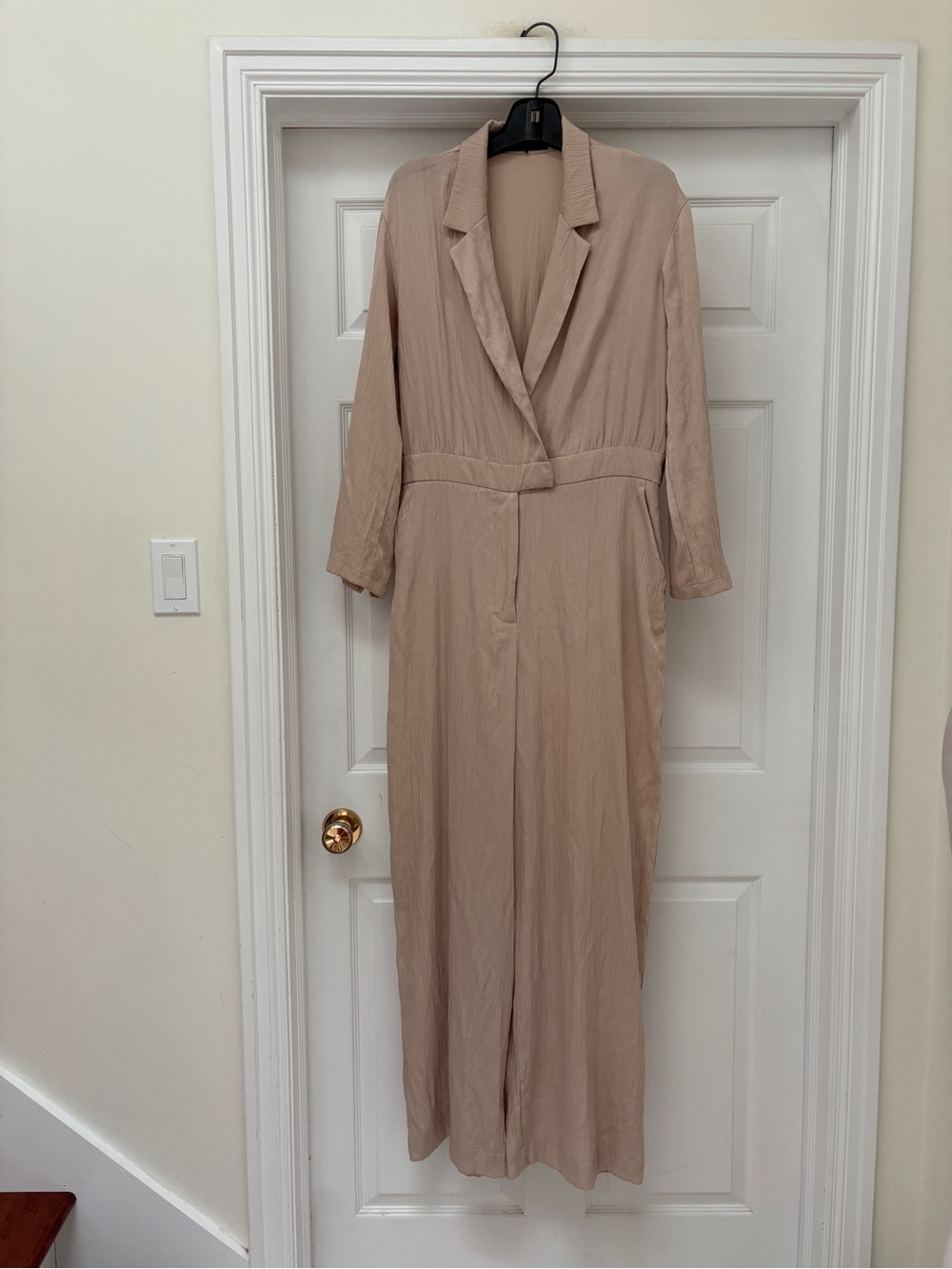 Zara Long Taupe Jumpsuit with V-Neck Lapel